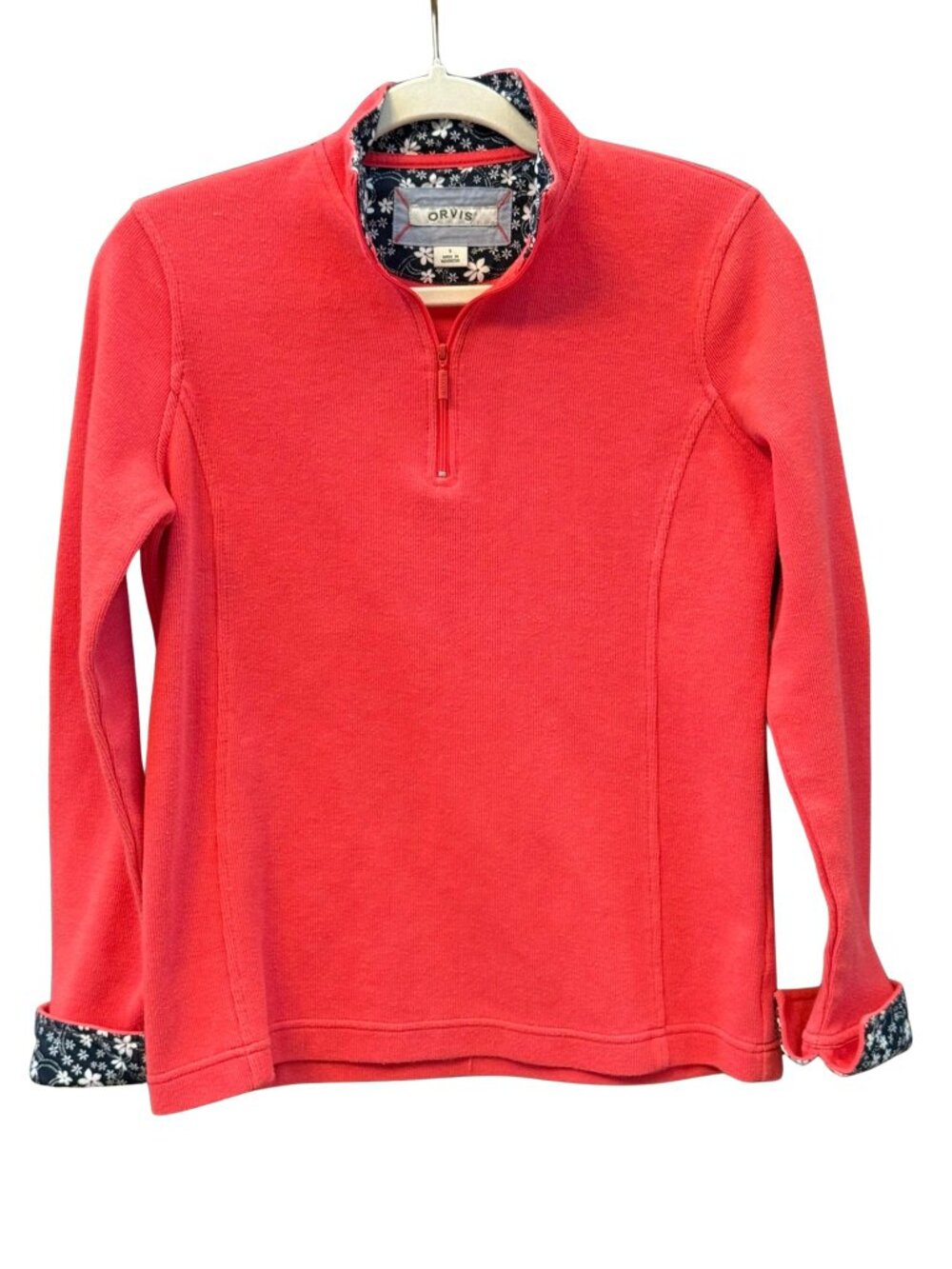 Orvis Coral Quarter Zip Pullover Womens Small Floral Collar Cuffs Sweatshirt